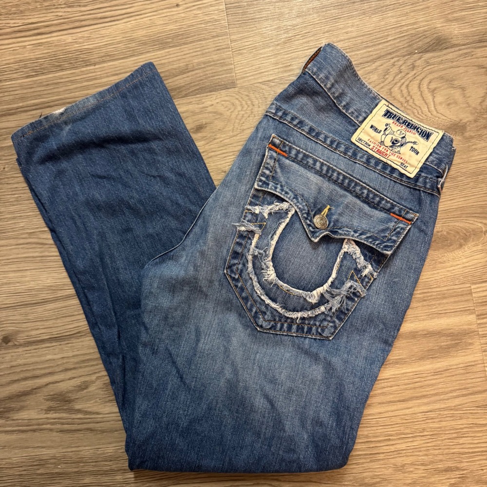 Vintage Y2K True Religion Straight Leg Jeans Blue Distressed Horseshoe Mens 36